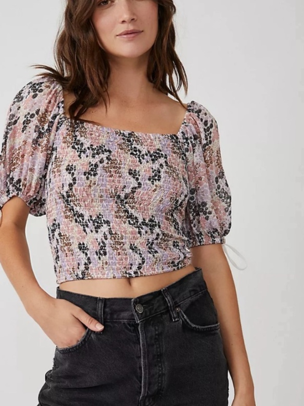 Free People soft combo floral short sleeve smocked cropped top size XS